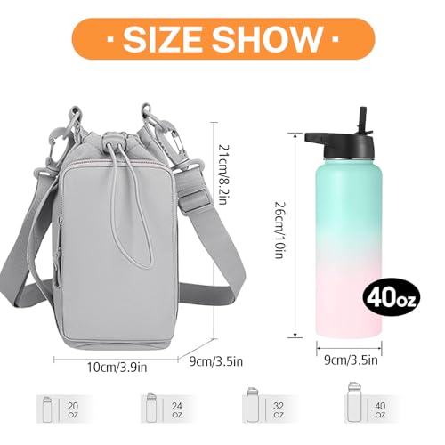 Water Bottle Holder with Phone Pocket for 40/32 oz,Water Bottle Holder/Sleeve with Adjustable Shoulder Strap and Charm. - color: Light Grey