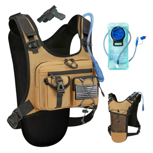Criuage USA Patent Running Hydration Vest Backpack, Lightweight Chest Pack with 2.0L Water Bladder Bag Daypack for Hiking Running Cycling Race Marathon for Women Men - color: Khaki