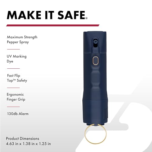 Sabre 2-in-1 Pepper Spray with 130dB Personal Alarm, Alert and Defend with One Press, Fast Flip Top Safety with Finger Grip and Tuck-Away Keyring, Maximum Strength, UV Marking Dye - color: Midnight Blue