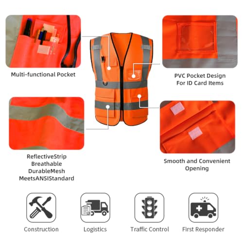 Safety Vest High Visibility Reflective Construction Vest - color: Orange, size: Large
