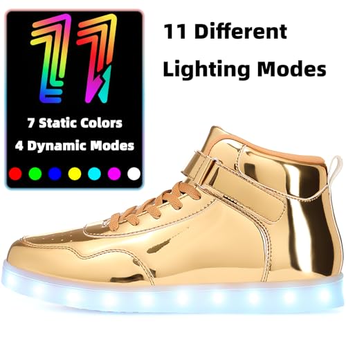 APTESOL Unisex Rechargeable LED Light Up Shoes Men Women High Top Sneakers - color: Gold, size: 9.5 Women/8 Men