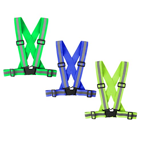 Running Reflective Vest Gear 3 Pack, Adjustable Safety Vest High Visible Reflective Belt Straps Night Walking Vest - color: Green,Blue,Grass Green