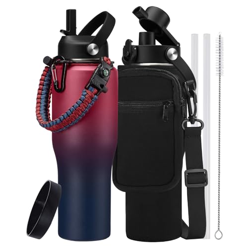 32 oz Insulated Water Bottle with Straw Lid - Pop-up Spout Lid, Carrier Bag - color: Gradient Claret, size: 32 Ounces