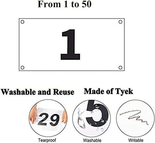 Running Race Bibs Large Numbers with Safety Pins for Marathon Race Events- Tyvek Tearproof Waterproof - color: 1-50 Numbers