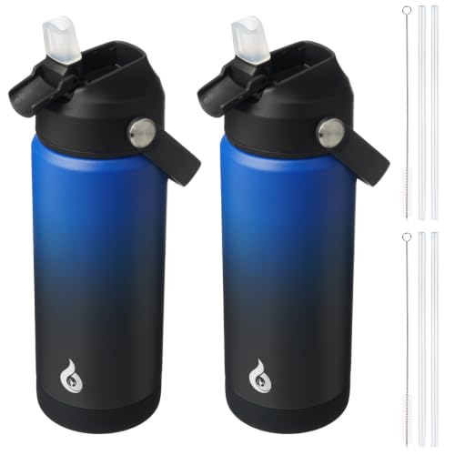 BJPKPK 2 Pack 18oz Insulated Water Bottles with Straw Lids, Stainless Steel - color: 2 X Black Blue, size: 18 Ounces