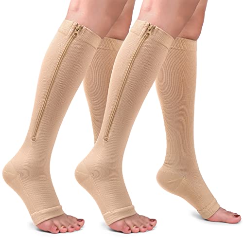 CTHH Zipper Compression Socks for Women and Men Toeless Knee High Stocking - color: Nude, size: Small-Medium