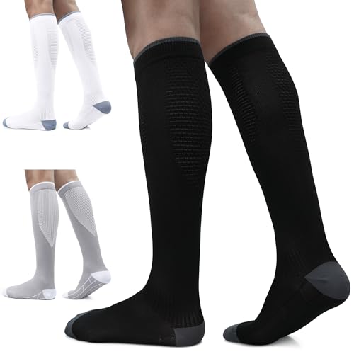 3 Pairs Compression Socks for Women and Men - 15-20mmHg Best Support for Athletic Running Cycling - color: Black/White/Grey