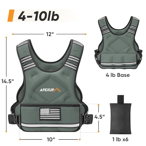 APEXUP Adjustable Weighted Vest, 4-10lb/12-18lb/20-32lb Vest with 6 Ironsand Weights and Large Pocket, Weight Vest for Men Women Strength Training, Running, Walking - color: Grey, size: 4-10lbs
