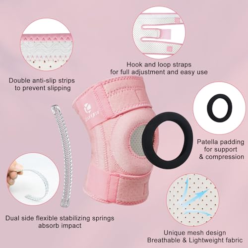 Kuangmi Knee Brace with Side Stabilizers & Patella Gel Pad,Adjustable Compression Knee Support with Arthritis Relief,Injury Recovery,Running,Weightlifting,Climbing(Pink,2-Springs,L/XL - color: Pink(2 Springs), size: L/XL