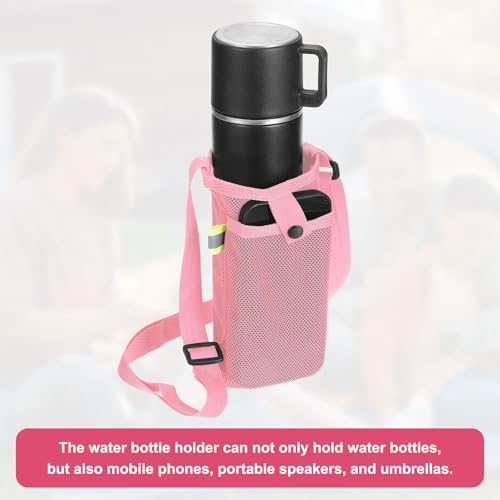 Uxcell Water Bottle Holder With Adjustable Shoulder Strap, Carrier Bag, Mesh Crossbody Carrier With Pocket for Sports, Hiking, Walking, Travel - color: Pink