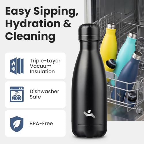 Konokyo 12 oz Insulated Stainless Steel Water Bottle, Midnight Black - color: Midnight Black, size: 12 Ounces
