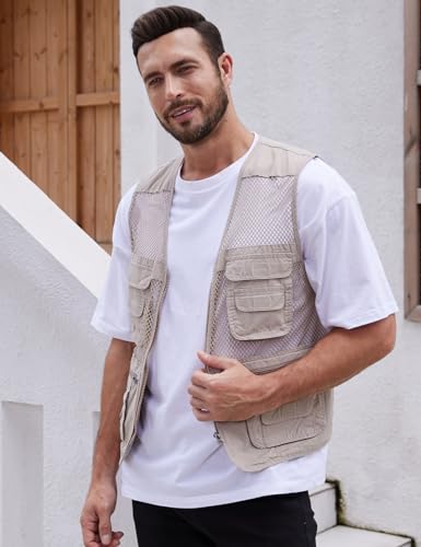 Gihuo Men's Utility Vest Fishing Safari Vest Summer Travel Vest with Pockets - color: Beige 02, size: X-Large