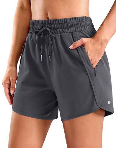SANTINY Women's 3.5''/5''/7'' Athletic Gym Running Shorts Zipper Pockets - color: Dark Grey, size: Large