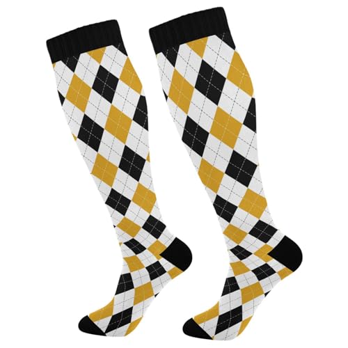 JUNZAN Buffalo Plaid Red Black Knee High Socks Compression Socks for Women Men Kid for Running Sports Nurse - color: Argyle Plaid Black Yellow
