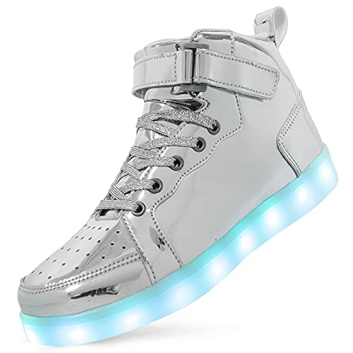 Hot Dingding Light Up Sneakers High Top LED Flashing Shoes, USB Rechargeable Glowing Luminous Shoes for Men Women Teens Halloween Party - color: Silver, size: 11 Women/9 Men