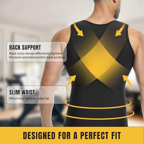 Mens Compression Shirt Zipper, Gynecomastia Tummy Control Vest, Back Support Shapewear Slimming Undershirt - color: 2 Pack Black, size: Large