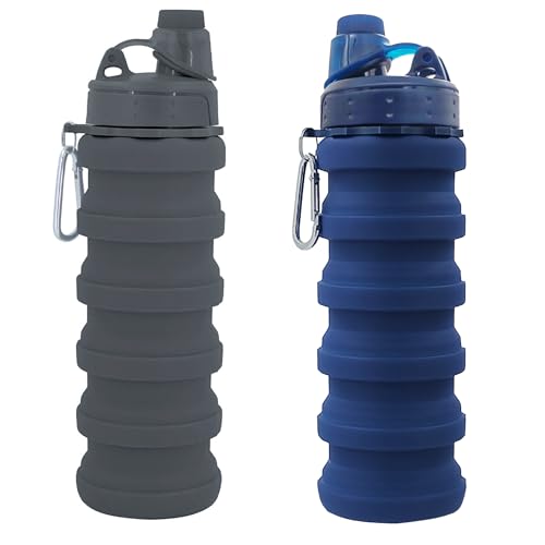 Collapsible Water Bottles Travel water bottle Sports Portable Sport Water Bottle Reusable Water Bottles comes with mountaineering Buckle 500ml silicone Water-proof camping water bottle - color: Dark blue+Grey, style: 2 pack