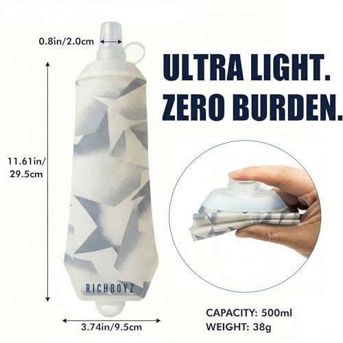 Richboyz 500ml Running Soft Flask: Leakproof TPU Hydration Bottle for Trail Runners & Cyclists & Hikers – Lightweight & BPA-Free Folding Water Bottle (Grey Star