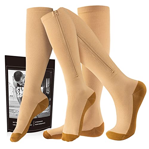 cerpite Zipper Compression Socks, 2 Pairs 15-20 mmHg Closed Toe Compression Stockings for Men Women - color: Beige Copper, size: Small-Medium