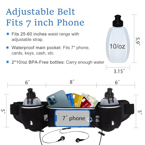 PYFK Running Belt with Water Bottles, Hydration Belt for Men and Women, Water Bottle Holder Running Pouch Water Belt, Fanny Pack Fits 7 inches Phones, Waist pack for Runner Jogging - color: Black Reflective