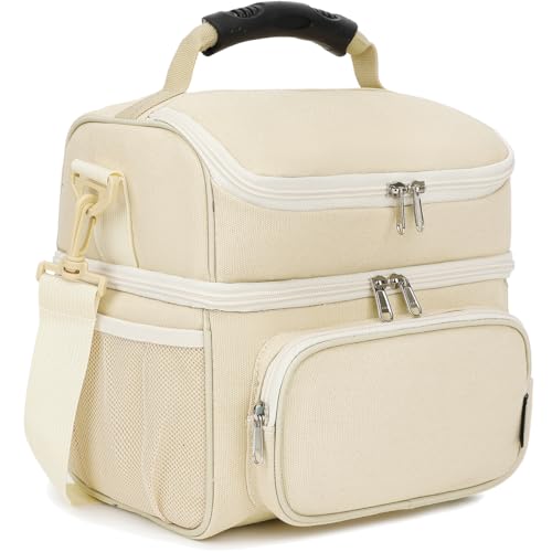 FlowFly Double Layer Cooler Insulated Lunch Bag Adult Lunch Box Large Tote Bag for Men, Women, With Adjustable Strap,Front Pocket and Dual Large Mesh Side Pockets - color: Biege