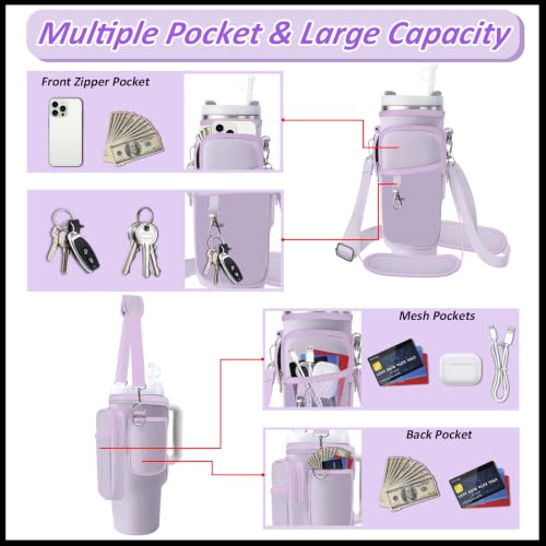 Water Bottle Carrier Bag for Stanley 40/30oz Cup Tumbler with Phone Pocket,Insulated Crossbody Water Bottle Holder with Adjustable Strap,Water Bottle Sling Pouch for Hiking Walking Camping Accessories - color: Purple