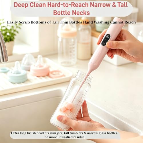 Electric Bottle Brush, Rechargeable Auto Spinning Bottle Cleaner, All-in-One Cleaning Kit with Multi Brush Heads & Stir Stick for Baby Bottles & Drinkware, Great Household Helper and Ideal Gift - color: Light Pink