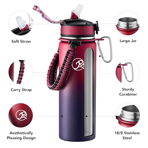 GOSWAG 24oz Insulated Stainless Steel Travel Water Bottle, 2 Lids - color: Red-Blue Ombré