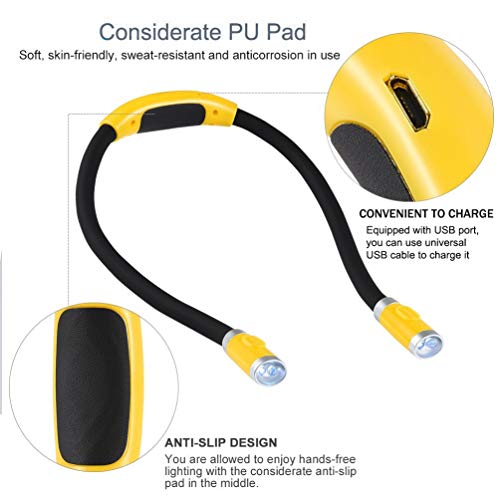 Rechargeable 4 LED Book Light Bright Neck Hug Light, Reading Lights for Reading in Bed, 3 Brightness Levels, Flexible Soft Rubber Arms, Perfect for Bookworms,Knitting,Comping,Crafts - color: Yellow