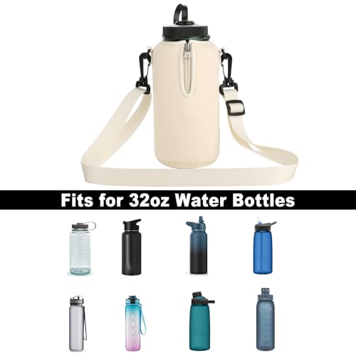 Beautyflier Neoprene Water Bottle Sleeve Insulator Cooler, Compatible with Nalgene Water Bottle 32 OZ, with Adjustable Shoulder Strap for Hydro Flask Wide Mouth Bottle 32oz, etc. (Beige) - color: Beige