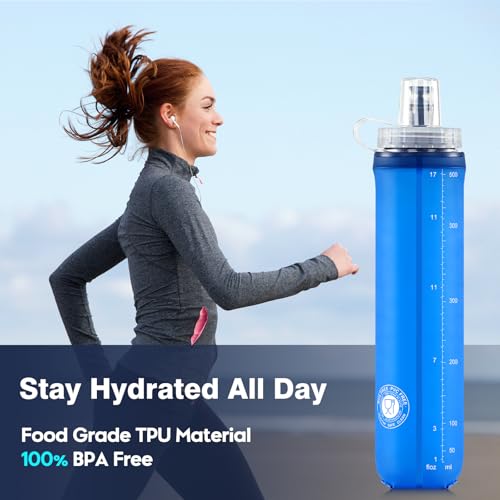 SLUXKE Soft Flask 2 Pack with Dust Cap, 17oz/500ml Flexible TPU Soft Water Flasks for Running Vest, BPA-Free Hydration Foldable Flask for Hiking, Cycling - color: Mix 17oz