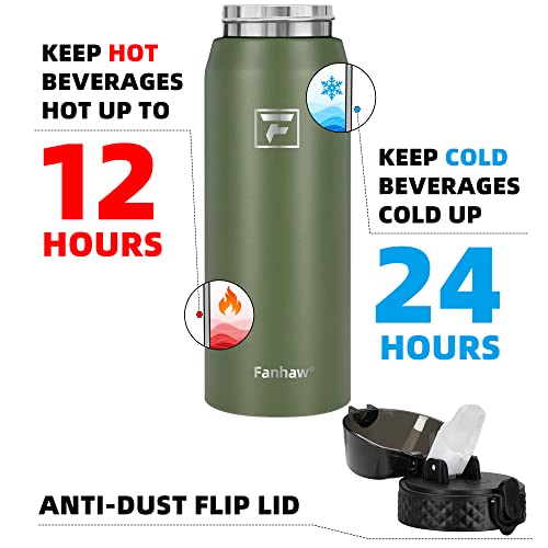 Fanhaw 24oz Kids Stainless Steel Water Bottle with Straw Lid, Olive Green - color: Olive Green, style: 24 Ounces