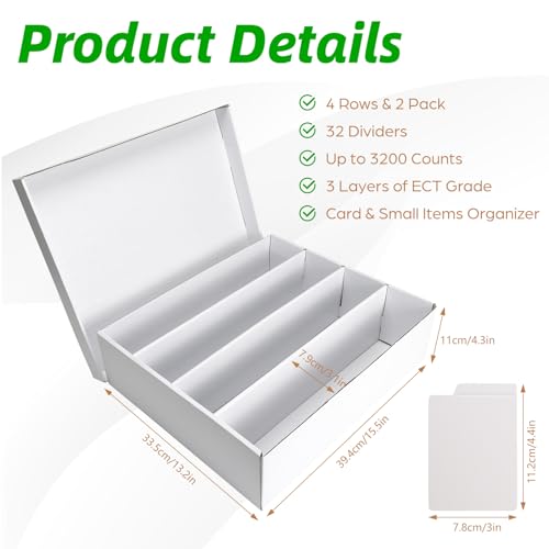 Calenzana 3200-Count Trading Cardboard Storage Boxes 2 Pack, 4 Row White Card Box with 32 Dividers, MTG, TCG Card Organizer - size: 4 Row-2 Pack