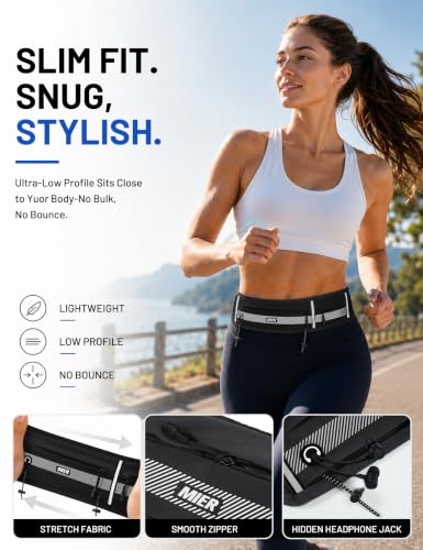 MIER Running Belt for Women & Men, Fanny Pack with Marathon Bib Clip, Black - color: Black