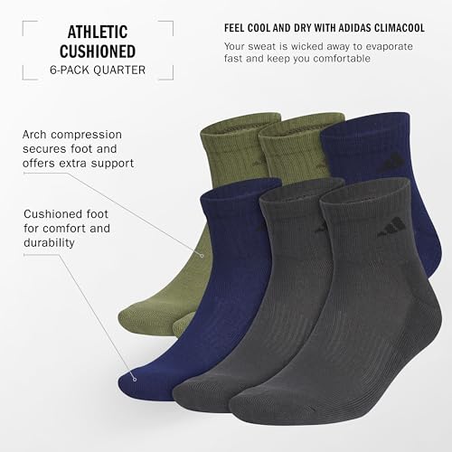 adidas Men's Athletic Cushioned Quarter Ankle Socks 6 Pairs - color: Olive Strata Green/Dark Blue/Carbon Grey, size: Medium