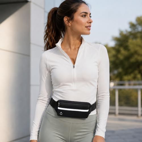 Running Waist Bag with Water Bottle Holder, Waterproof Sports Belt Bag for Phone, Keys and Fitness Outdoor Hiking (Black)