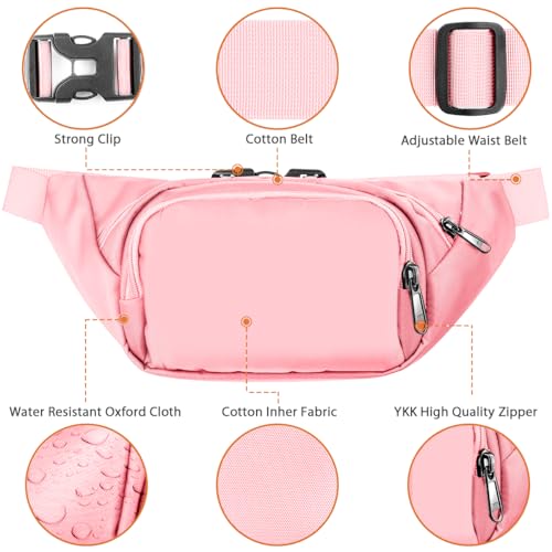 Large Fanny Pack for Women Men - Syican Waist bag with 3-Zipper Pockets - color: Pink+Extended Belt