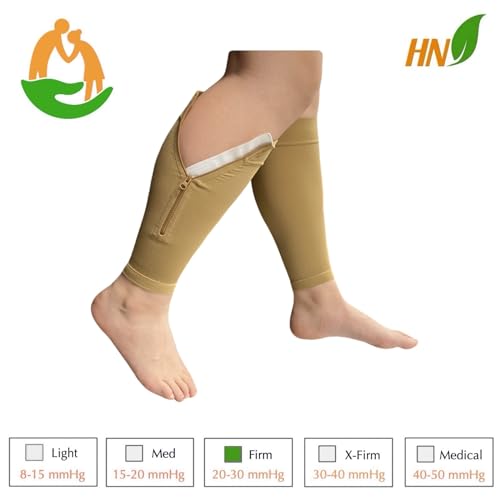 HealthyNees Seniors Care Footless 20-30 mmHg Compression Shin Calf Leg Men Women 1 Pair Zipper Sleeves (Nude, Small-Medium) - color: Nude, size: Small-Medium