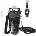 Water Bottle Carrier Bag for Stanley Cup 40/30oz, Neoprene Water Bottle Holder Pouch with 3 Pocket Adjustable Shoulder & Hand Strap - color: Neon Dog Paw