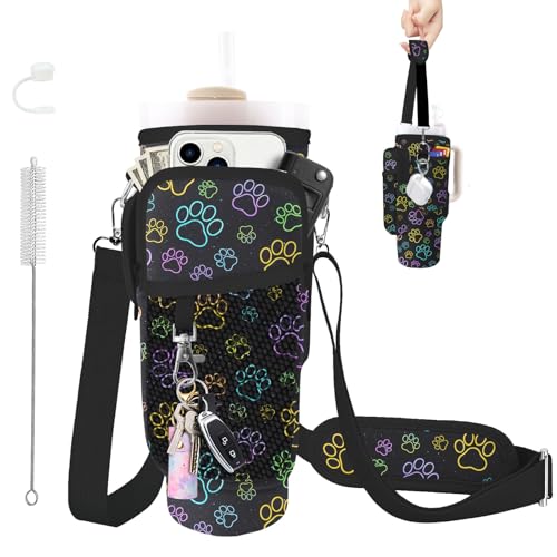 Water Bottle Carrier Bag for Stanley Cup 40/30oz, Neoprene Water Bottle Holder Pouch with 3 Pocket Adjustable Shoulder & Hand Strap - color: Neon Dog Paw