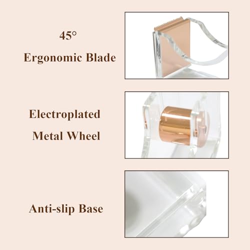 Rose Gold Clear Acrylic Tape Dispenser, Heavy Duty Non-Slip Desk Tape Dispenser with Serrated Stainless Steel Blade, Single Hand Dispensing Tape Holder for Office Home School Gift Wrapping - color: Rose Gold