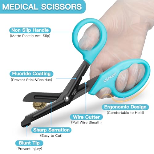 RISEMART 2 Pack Trauma Shears 7.5 Inches Stainless Steel Bandage Scissors - color: Black+blue