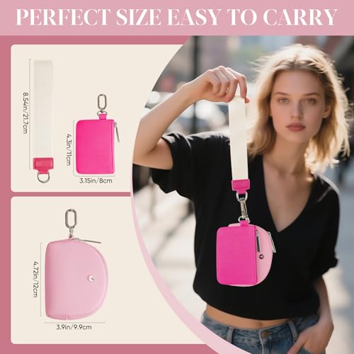 VUTUXA KeyChain Wallet Wristlet For Women Mini Zip Dual Pouch Coin Purse - color: rose red +pink