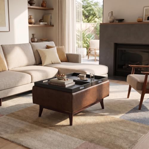 SIMPLIHOME Owen 34" Wide Vegan Leather Tray Top Ottoman in Chestnut Brown - color: Distressed Chestnut Brown