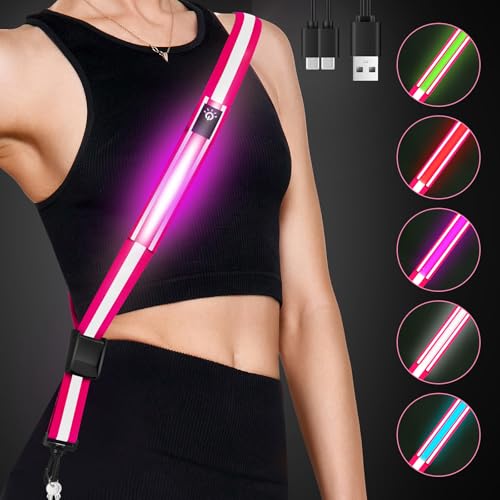 Fitense LED Reflective Belt Sash - 5 Lights Colors & 3 Light Modes High Visibility Night Safety Belt, Rechargeable Light Up Running Gear Adjustable Vest Straps for Runners Walkers Men Women - color: Pink, style: Classic