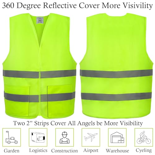 12 Pack Safety Vests with Pockets Yellow Reflective High Visibility,Hi Vis Silver Strip for Men Women Cycling Running Surveying Volunteer Crossing Guard - color: Yellow, size: Medium