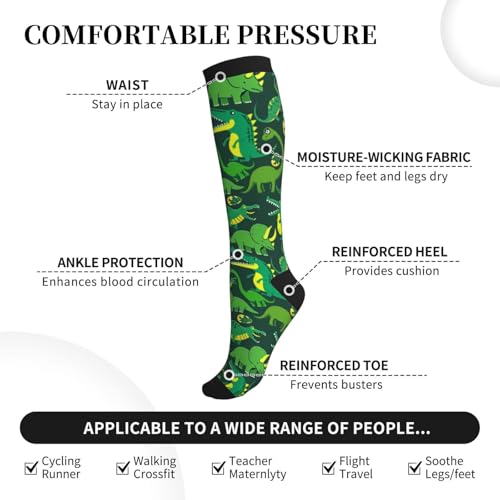 Compression Socks Knee High Circulation Support Socks For Women Men Athletic Running Work Hiking Cycling Travel - color: Dinosaur