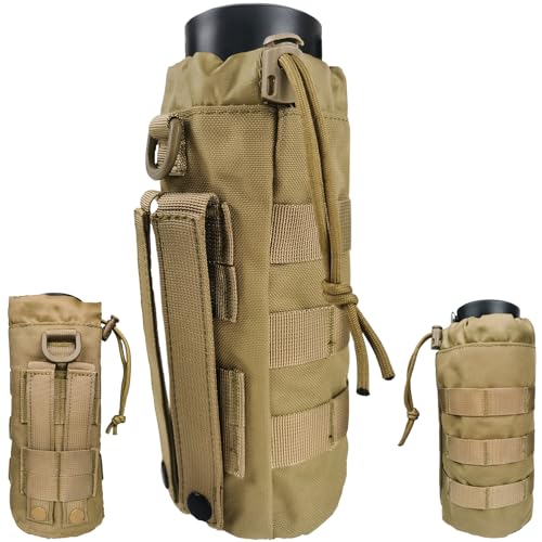 Tactical MOLLE Water Bottle Holder, Upgraded Water Bottle Pouch with Drawstring Open Top & Mesh Bottom, 16/24/25/32oz Water Bottle Carrier Bag with D-Ring Hook for Backpack - color: Brown