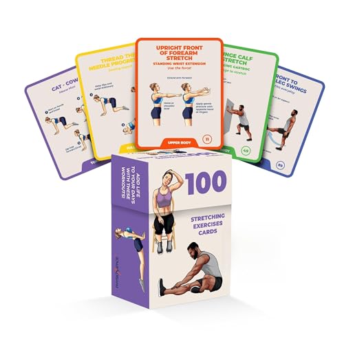 Stretching Exercise Cards – 100 Illustrated Flexibility and Mobility Flash Cards Designed by a Physical Therapist with Video Tutorials for Men and Women
