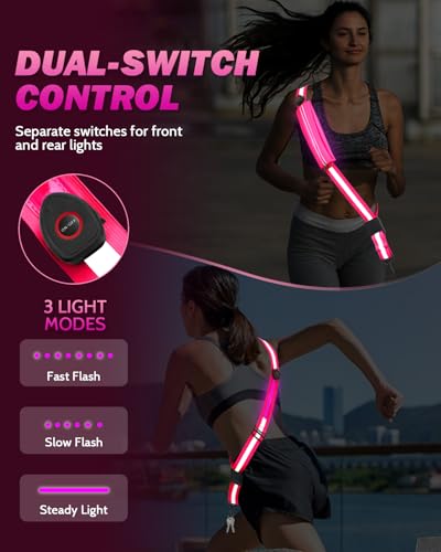 Fitense LED Reflective Belt Sash - 5 Lights Colors & 3 Light Modes High Visibility Night Safety Belt, Rechargeable Light Up Running Gear Adjustable Vest Straps for Runners Walkers Men Women - color: Pink, style: Pouch